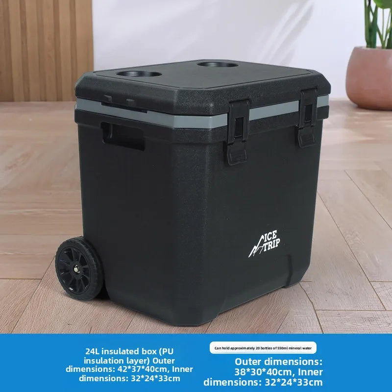 Portable PU Thermal Insulation Box Refrigerator 24L with Pull Rod for Outdoor Camping Fishing Stall Selling Wheel Mobile Ice Box