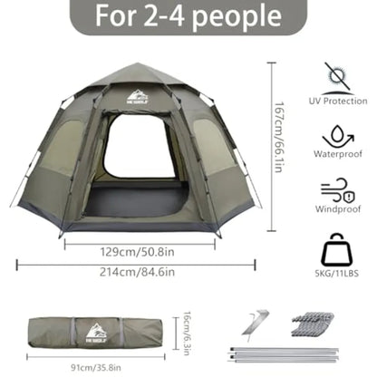 2/3/4 Person Camping Tent - Instant Pop Up Waterproof 2 Doors Tent with Easy Setup 3-Season Hexagonal Dome Design for Family Hi