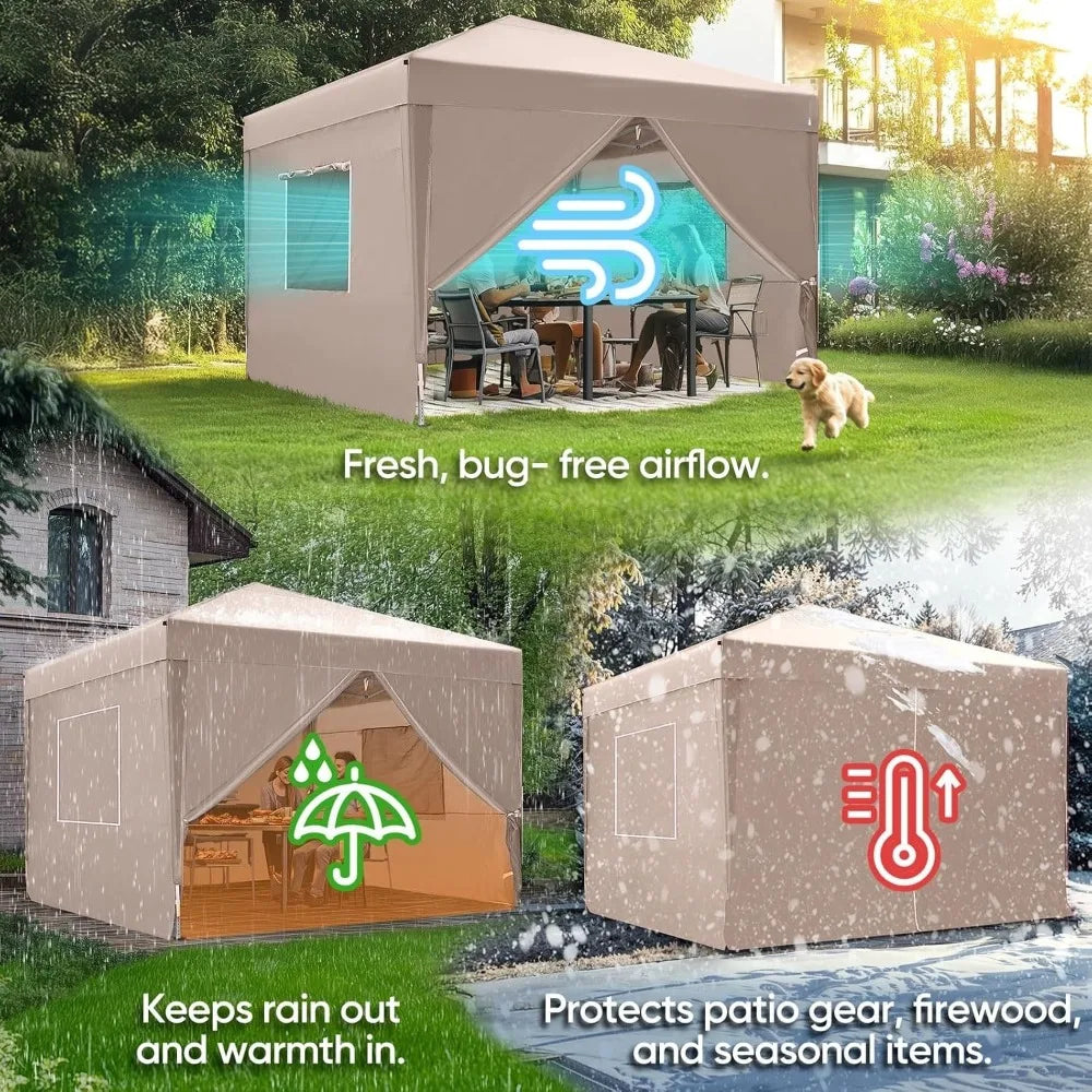10x10 Pop up Canopy Tent with Sidewalls and Roll-up Ventilated Windows, One Person Easy Setup, Outdoor, Customized