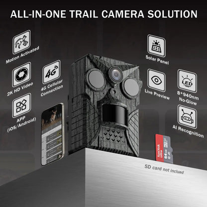4G LTE Solar Trail Camera, 2K HD Live View, No-Glow Night Vision, 0.2s Trigger, 10000mAh Battery, IP66 for Hunting & Farm