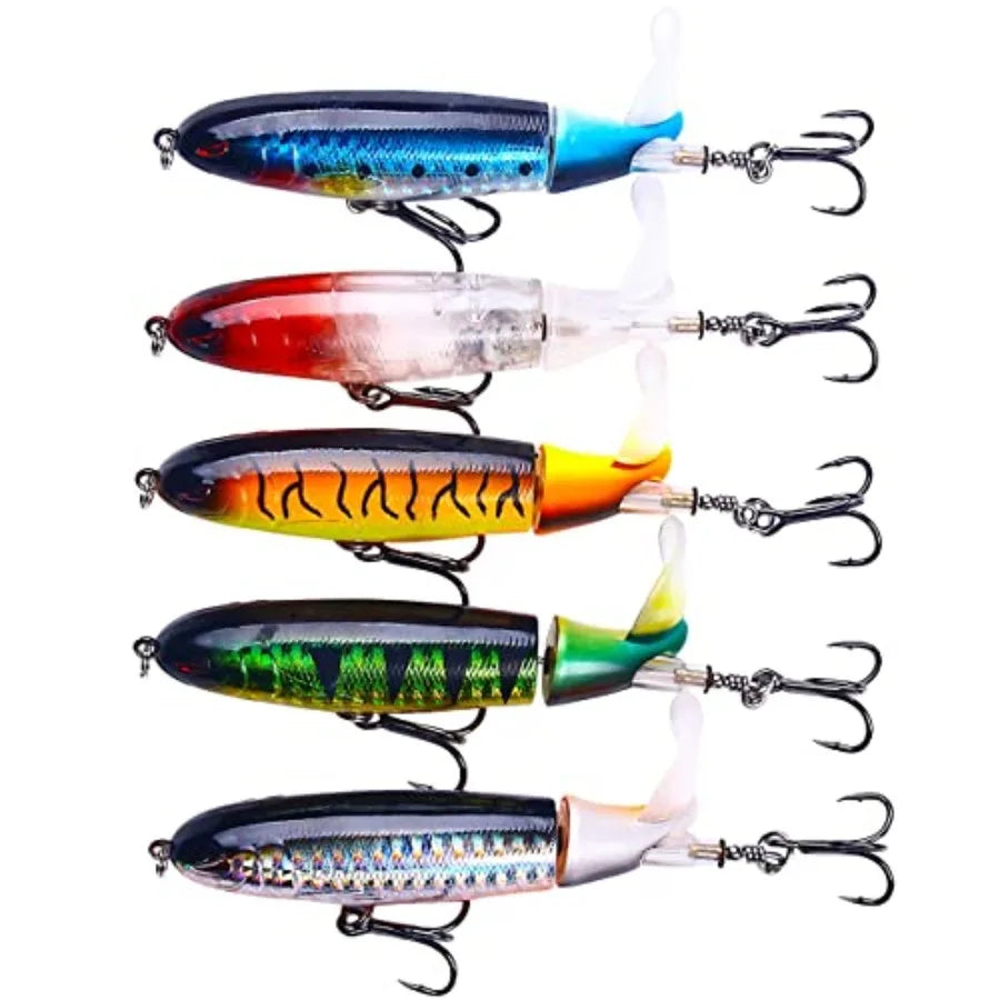 Topwater Fishing Lures With Storage Box, Whopper Popper for Bass, Catfish, Pike, Perch - Floating Pencil Bait With Rotating Tai