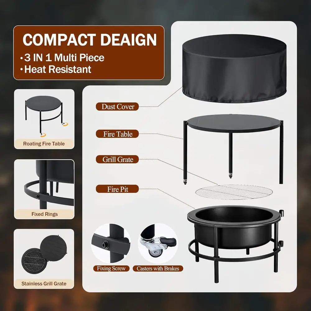 Fire Pits for Outside Wood Burning, 52" Large Outdoor Fire Pit Stove with Roating Table and BBQ Grill, Cold Finished Steel Round