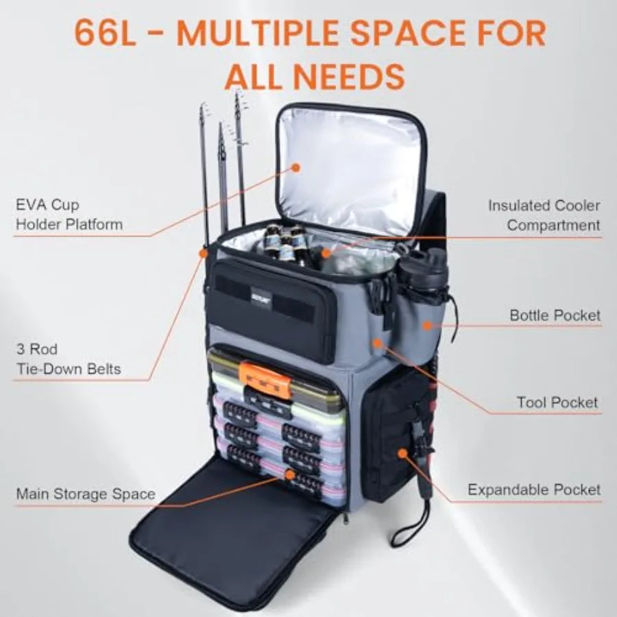66L Rolling Tackle Box with Cooler Large Fishing Bag with Wheels for 5 3700 Trays Trays Not Included Saltwater Resistant Tackle