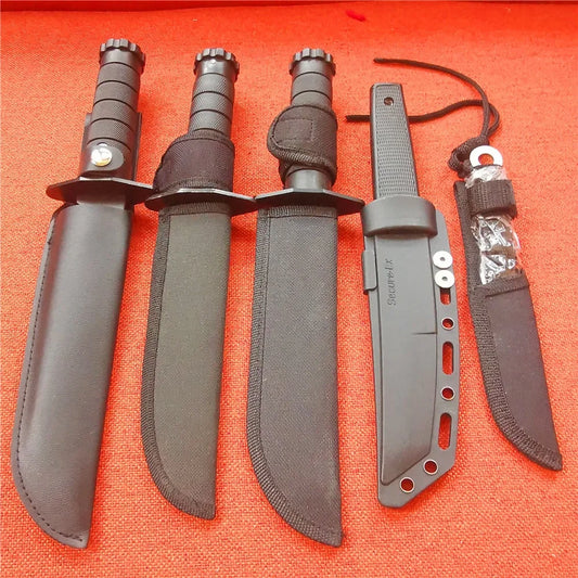 Fixed Blade Hunting Knife, Black Blade, Black Rubberized Handle, 12.5-Inch Overall