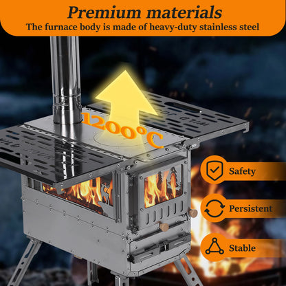 Camping Stove with Oven & Camping Table with Chimney Pipe Small Camping Wood Stove Stainless Steel for Heating Cooking Hunting