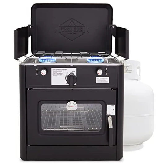 Outdoor Gas Camping Oven w/Carry Bag CSA Approved Portable Propane-Powered 2-Burner Stove with Auto Ignition and Overheat Safet