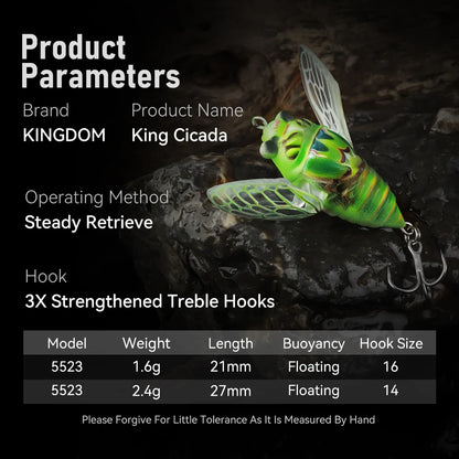 Kingdom 3pcs New Cicada Fishing Bait 27mm 2.4g Topwater Bionic Insect With Swings Artificial Hard Wobbers For Bass Trout Fishing