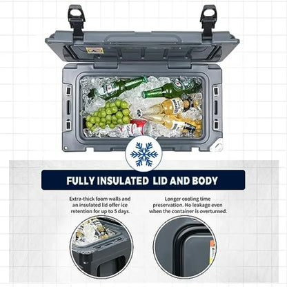 Rotomolded cooler for outdoor adventures, polyethylene material, black color, ultra-durable ice retention up to 10 days