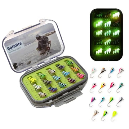 Ice Fishing Jigs Kit 15/21/30/45-Piece 3.2/4/5/6mm Glow in Dark Tear Drop Lures with 2-Sided Waterproof Tackle Box for