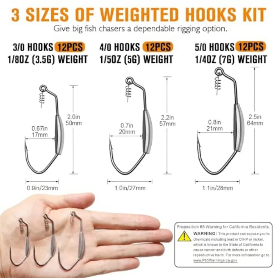 12PCS/44PCS Weighted Swimbait Hooks Weighted Fishing Hooks Saltwater Freshwater Worm Weedless Hooks for Bass Fishing 3/0 4/0 5/