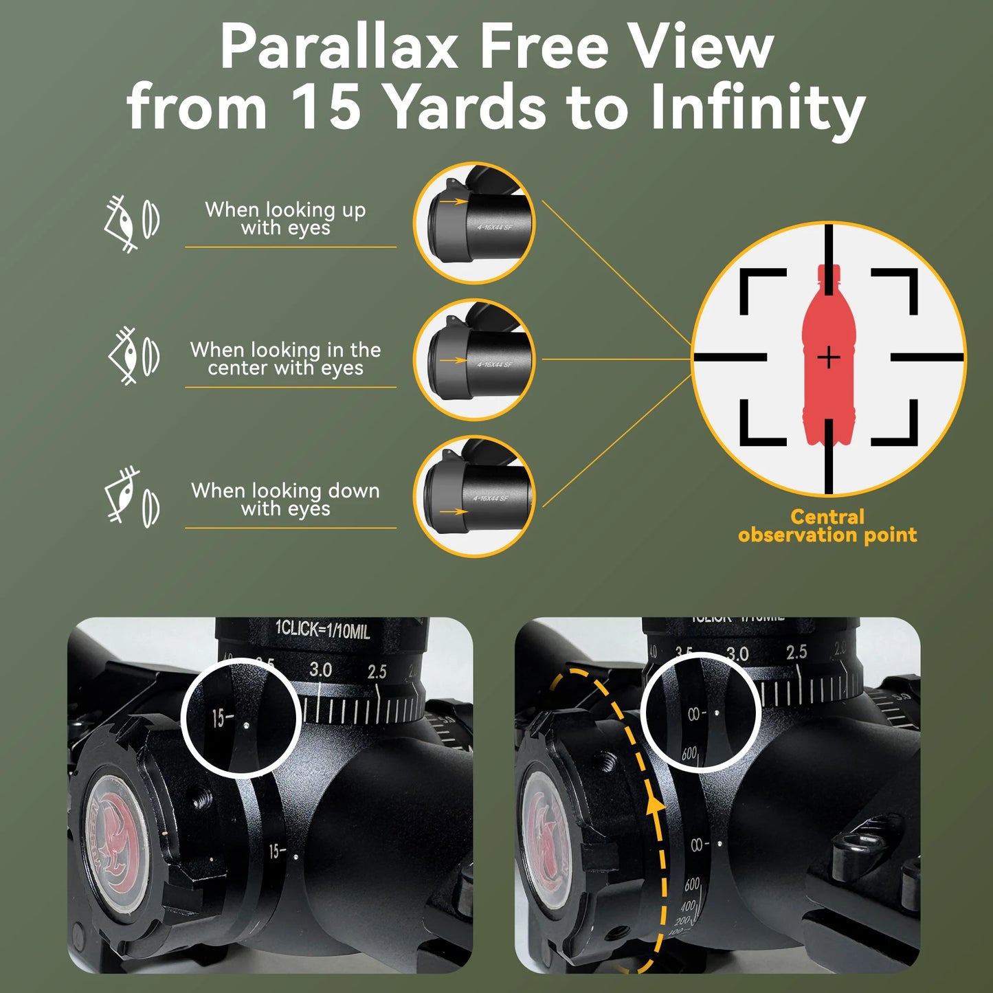 MC4-16X44SF- Optical sight, side adjustable, multi-functional 4-16X zoom sight, second focal plane, with fixture of 30mm/1.18in