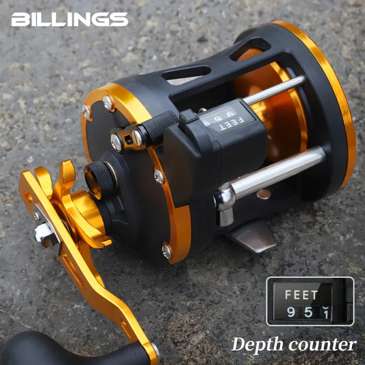 BILLINGS Line Counter Trolling Reel Conventional Level Wind Drum Fishing Reel Max Drag 15KG for Grouper Sea Bass Saltwater