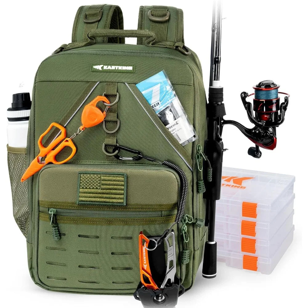 KastKing KarryAll Fishing Tackle Backpack with Rod Holder 4 Tackle Boxes,40/26L Tackle Bag Storage