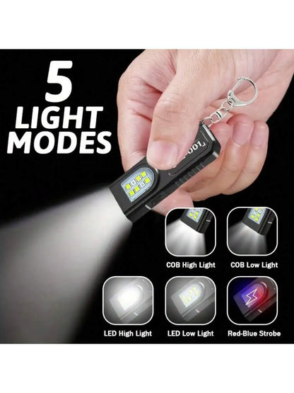 1 Portable USB Rechargeable Hands-Free Flashlight | Mini Keychain Light With Bottom Magnet, Pen Clip Design Headlamp, 5 Light Mo