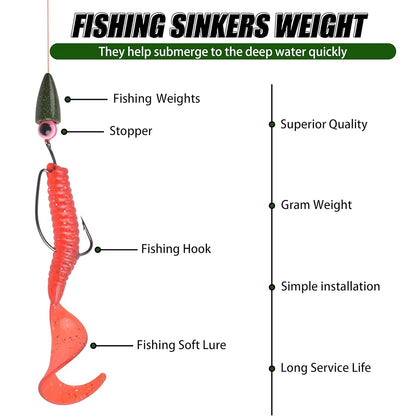 30Pcs Fishing Weights Sinkers Bullet Fishing Sinkers Worm Weights Painted Slip Sinkers for Bass Fishing Texas Rigs Carolina Rigs