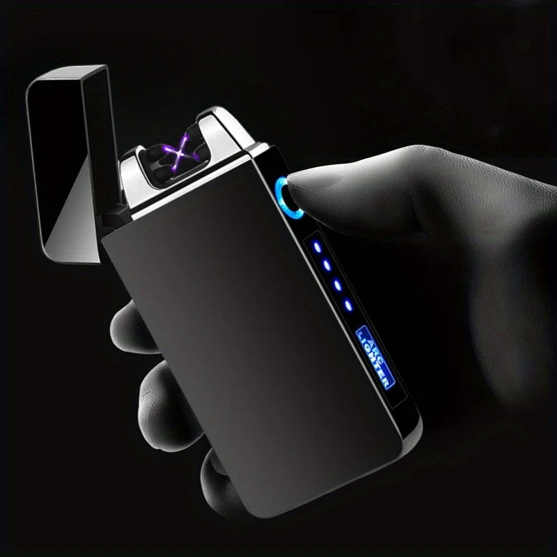 Windproof Dual Arc Plasma Lighter Metal Electric USB Rechargeable Flameless Lighter LED Power Display Portable Candles Camping