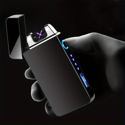 Windproof Dual Arc Plasma Lighter Metal Electric USB Rechargeable Flameless Lighter LED Power Display Portable Candles Camping