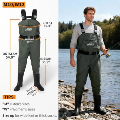 Fishing Waders for Men and Women, Waterproof 2-Ply Nylon/PVC Chest Wader with Boots for Outdoor, Sizes 4-13 Bootfoot