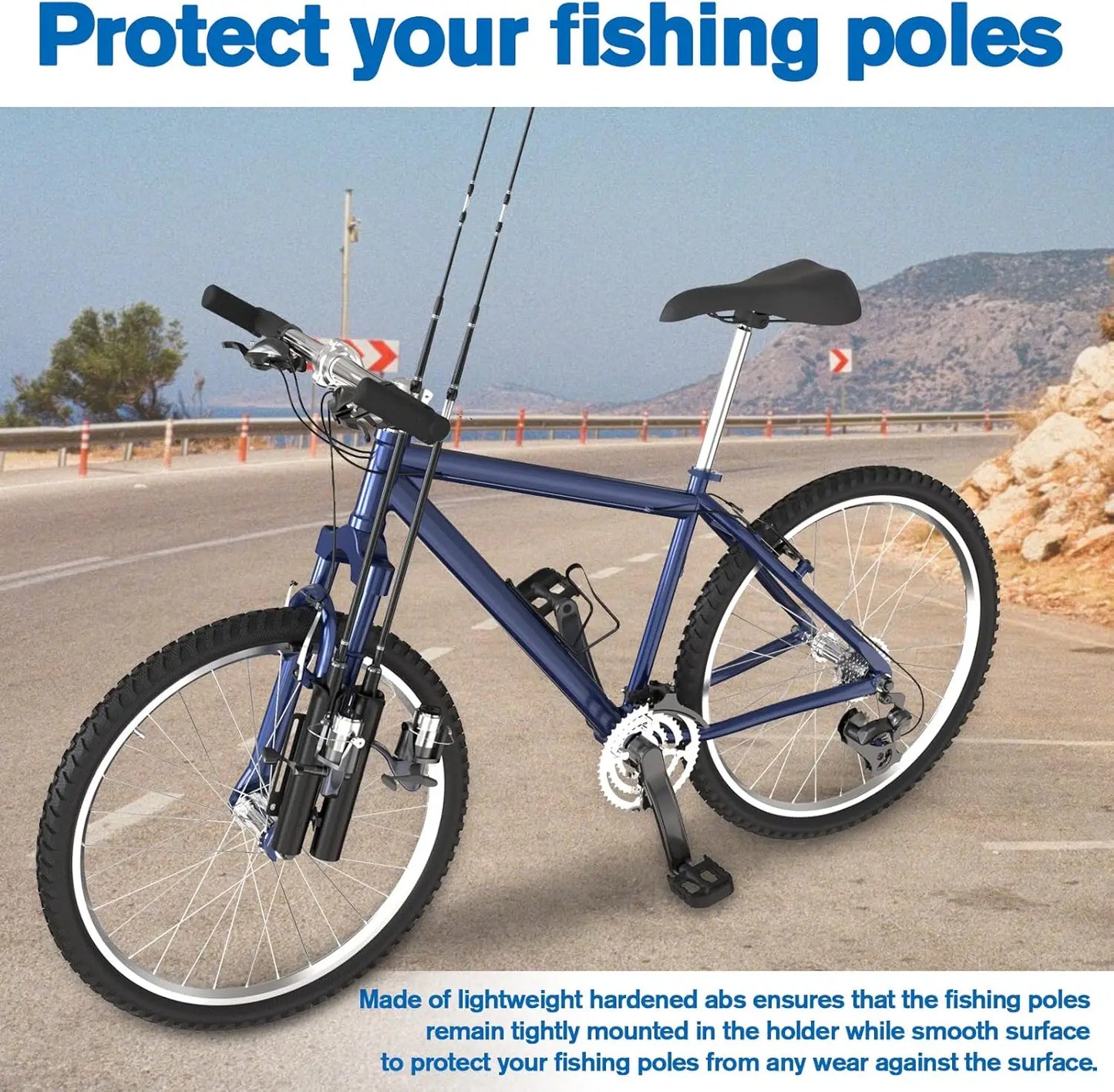 Bike Fishing Rod Holder for Bicycle, Secures 2 Fishing Poles with Easy Mount Clamps, Durable ABS Rod Rack for Transport