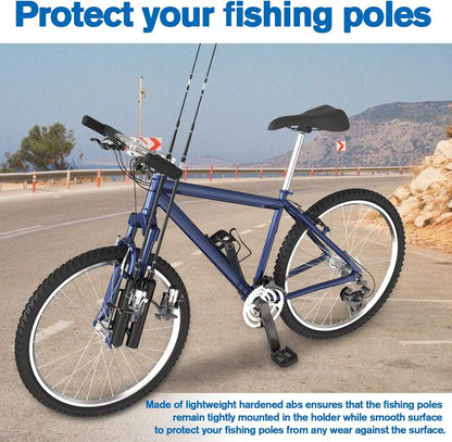 Bike Fishing Rod Holder for Bicycle, Secures 2 Fishing Poles with Easy Mount Clamps, Durable ABS Rod Rack for Transport