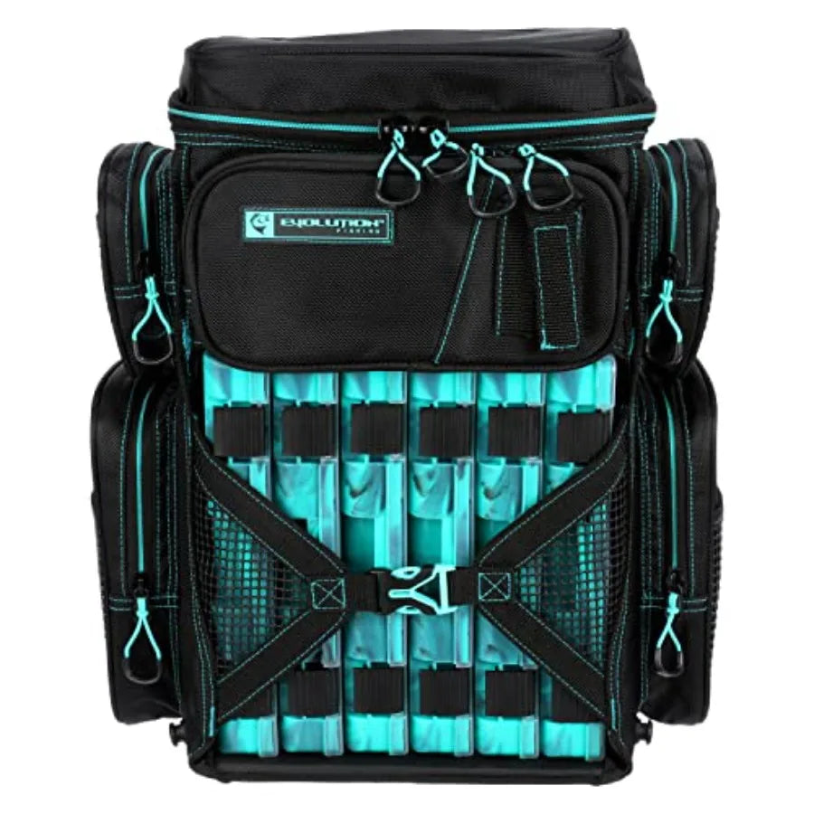 Evolution Fishing Drift Series Tackle Backpack Outdoor Rucksack with 6 Fishing Tackle Trays Heavy Duty Black Waterproof Durable