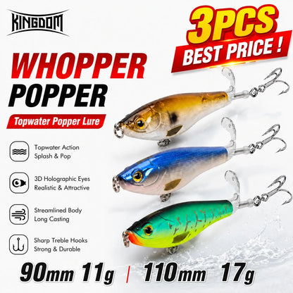 Kingdom 3PCS Topwater Lure Set 90mm/11g & 110mm/17g Artificial Popper Whopper Plopper Hard Wobblers for Bass Trout Pike Zander Fishing
