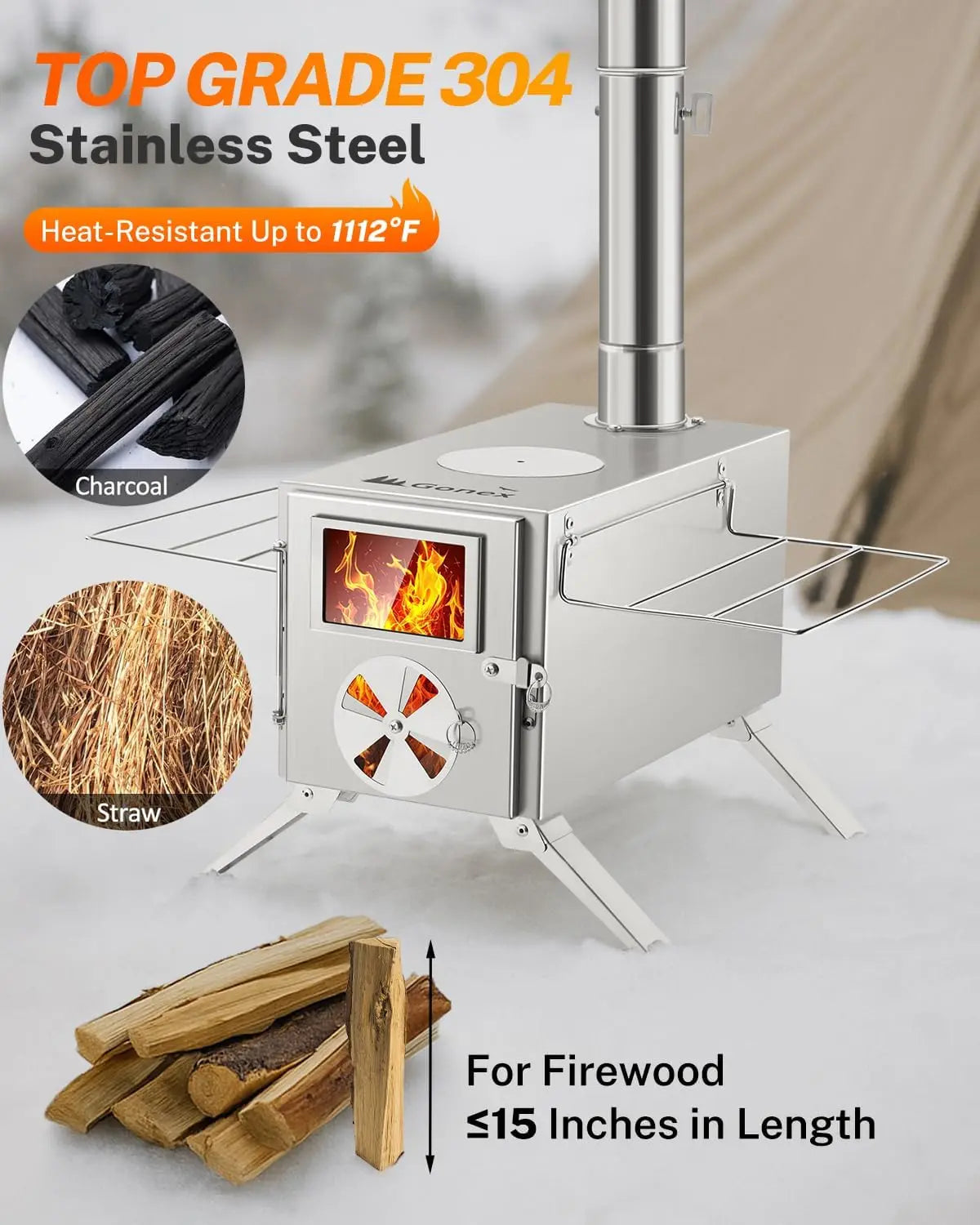 Hot Tent Stove, Portable Wood Burning Camping Stainless Steel Stove with Chimney Pipes for Tent, Outdoor, Heating, Cooking, Ice