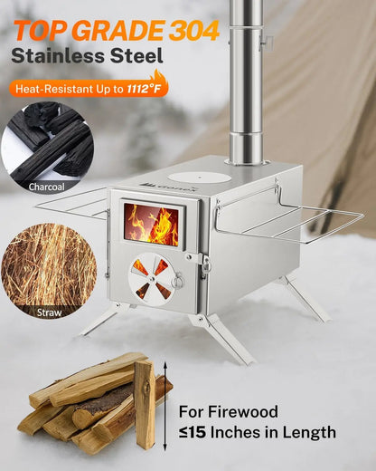 Hot Tent Stove, Portable Wood Burning Camping Stainless Steel Stove with Chimney Pipes for Tent, Outdoor, Heating, Cooking, Ice