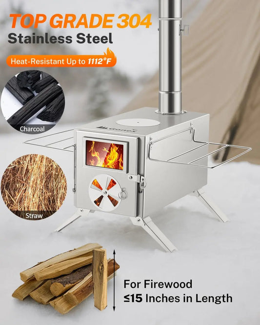 Hot Tent Stove, Portable Wood Burning Camping Stainless Steel Stove with Chimney Pipes for Tent, Outdoor, Heating, Cooking, Ice