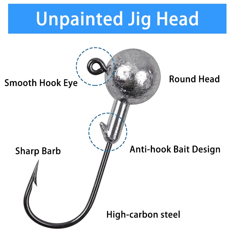 50pcs Round Ball Jig Heads Fishing Hooks for Saltwater Freshwater Swimbait Bass Trout Crappie 1/32 1/16 1/8 oz