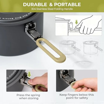 Lightweight Camping Pots and Pans Set with Kettle - Portable Outdoor Cookware Mess Kit for 2 - Durable Aluminum Cooking Gear in