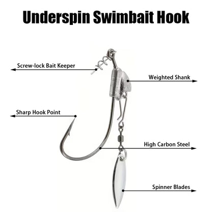 10Pcs Underspin Jig Head Swimbait Hooks Bass Trout Weighted Fishing Hook Lures with Spinner Blades