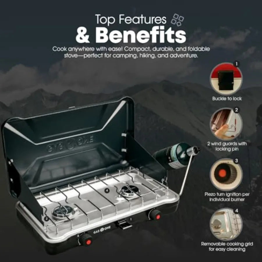 GasOne Portable Camping Stove Double Propane Stove with Auto Twist Turn Ignition 22000 BTU Camping Cooktop with 2 Burners and W
