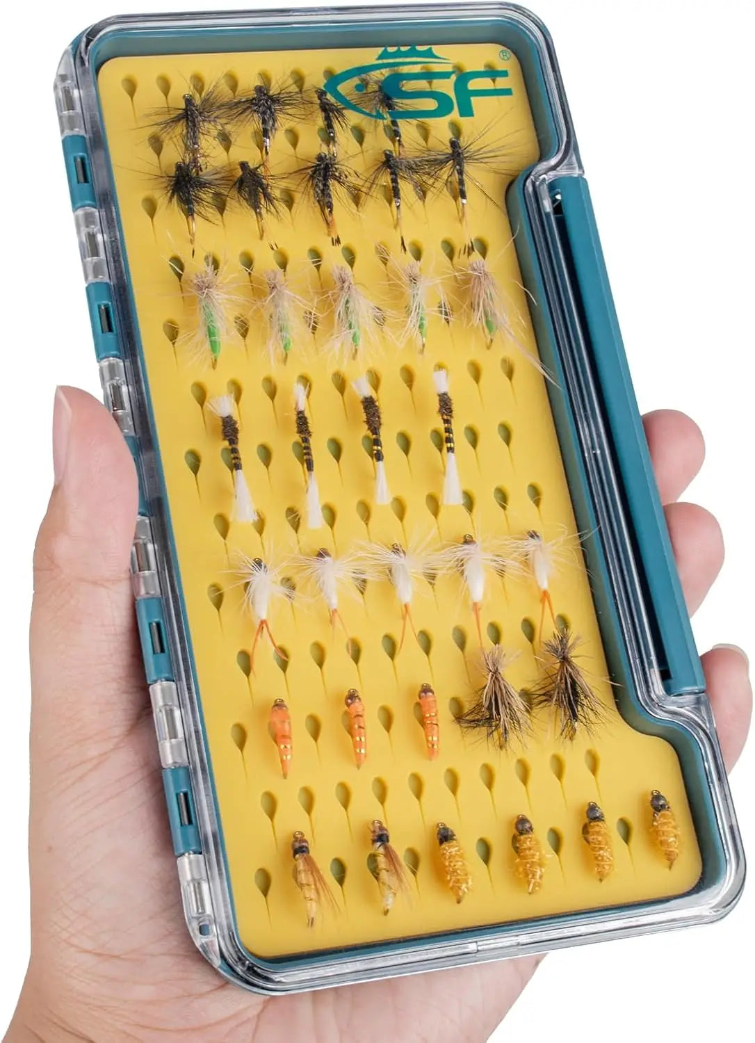 Slim Fly Fishing Box - Thin Trout Flies Storage, Clear Lid, Yellow Silicone, Waterproof, Large