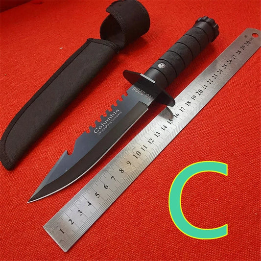 Fixed Blade Hunting Knife, Black Blade, Black Rubberized Handle, 12.5-Inch Overall