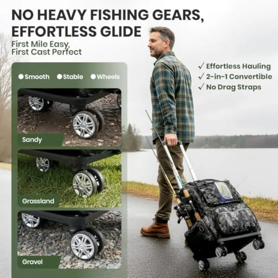 2-in-1 Rolling Fishing Backpack with 3 Rod HoldersDetachable Wheels andTrolley 48L Large Water Resistant Tackle Bag Store Fishi