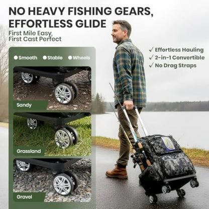 2-in-1 Rolling Fishing Backpack with 3 Rod HoldersDetachable Wheels andTrolley 48L Large Water Resistant Tackle Bag Store Fishi