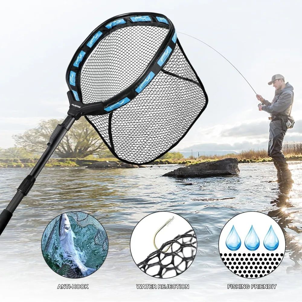 Fishing Net Floating Landing Net with Fixed Foldable Telescopic Pole Handle, Bass Trout Fishing Nets with Nylon Mesh for Pond Lake River, Fishing Gear Gifts for Men Anglers