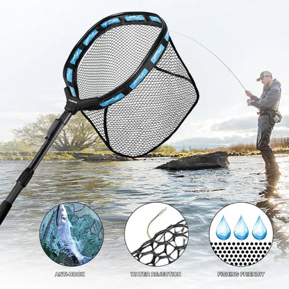 Fishing Net Floating Landing Net with Fixed Foldable Telescopic Pole Handle, Bass Trout Fishing Nets with Nylon Mesh for Pond Lake River, Fishing Gear Gifts for Men Anglers