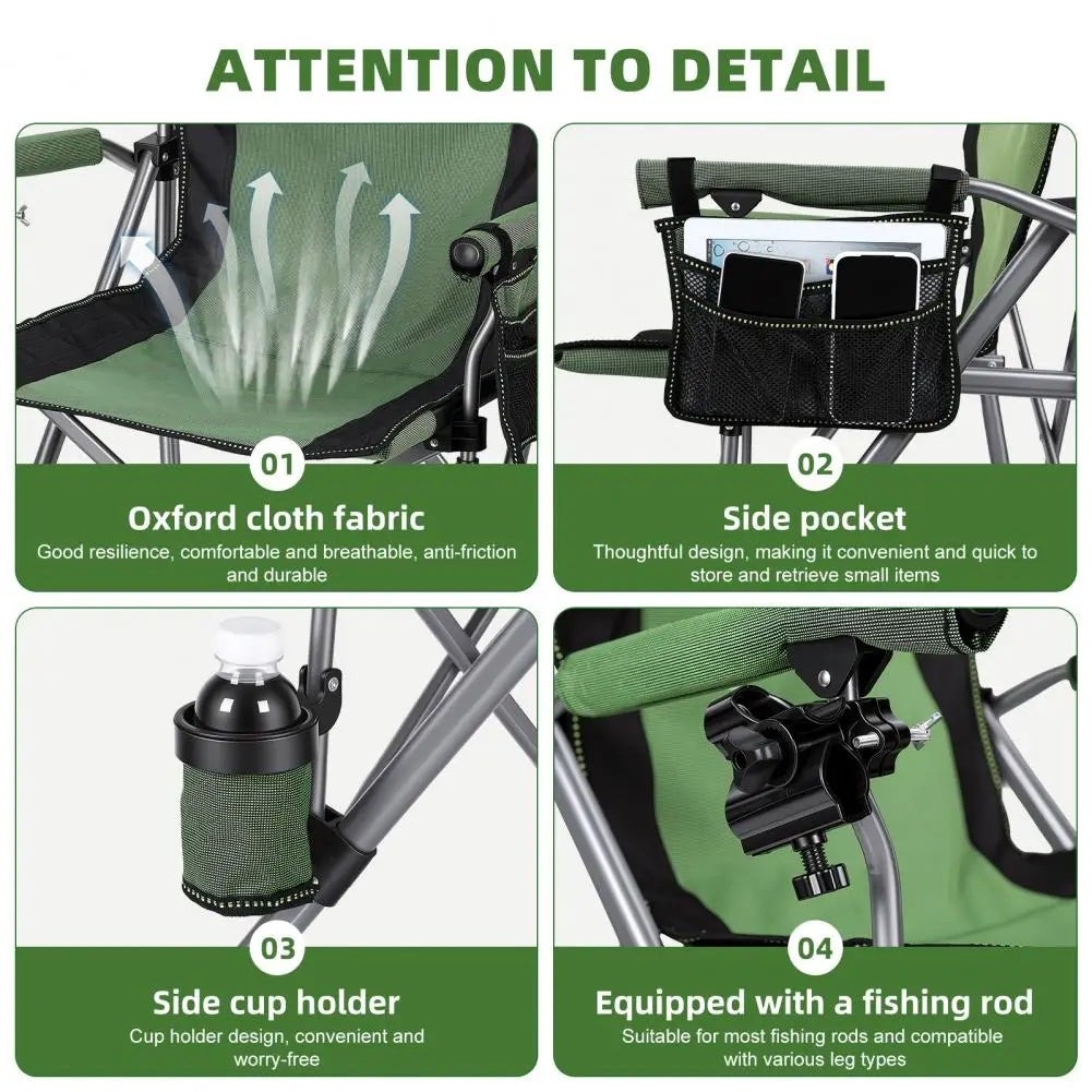 Portable Folding Fishing Chair with Rod Holder Side Pocket, Cup Holder, 150Kg Heavy Duty Outdoor Chair, Armchair for Camping