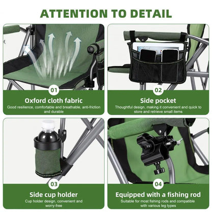 Portable Folding Fishing Chair with Rod Holder Side Pocket, Cup Holder, 150Kg Heavy Duty Outdoor Chair, Armchair for Camping
