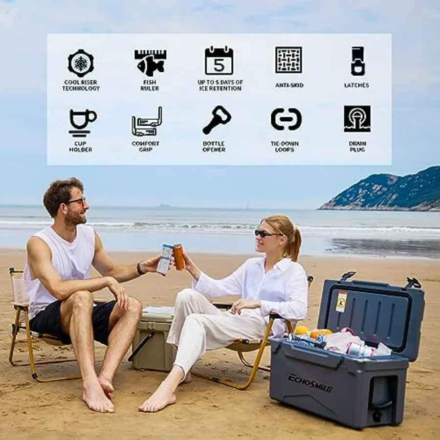 Rotomolded cooler for outdoor adventures, polyethylene material, black color, ultra-durable ice retention up to 10 days