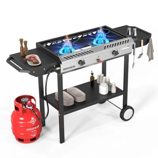 2 Burner Outdoor Propane Gas Stove with Auto-ignition Regulator Shelf 150 000 BTU Powerful Stand Cooker for Backyard Patio Cook