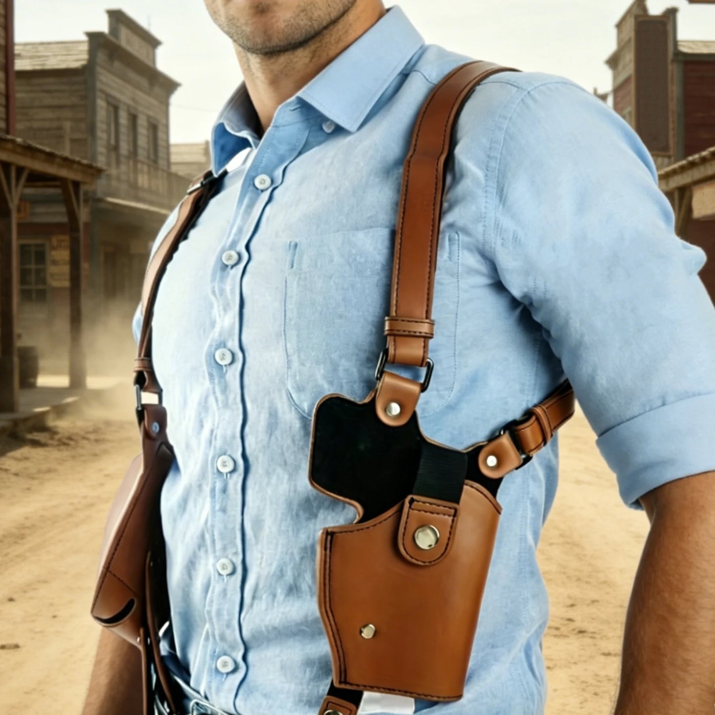 Leather General Vertical Gun Holster with Double Mag Fit Adjustable Vertical Concealed Holster Universal Fit for Most Pistols