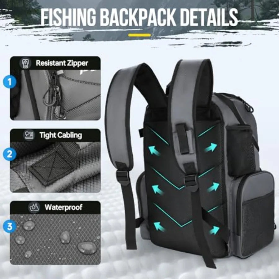 Cooler Fishing Backpack with Rod Holders 45L Large Water-resistant Fishing Tackle Bag Store Fishing Gear in Black for