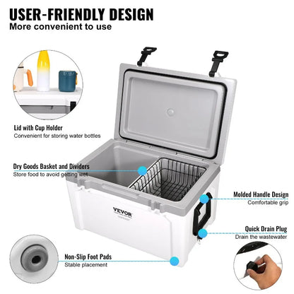 Insulated Portable Cooler 52 qt Holds 50 Cans Ice Retention Hard Cooler with Heavy Duty Handle Ice Chest Lunch Box for Camping