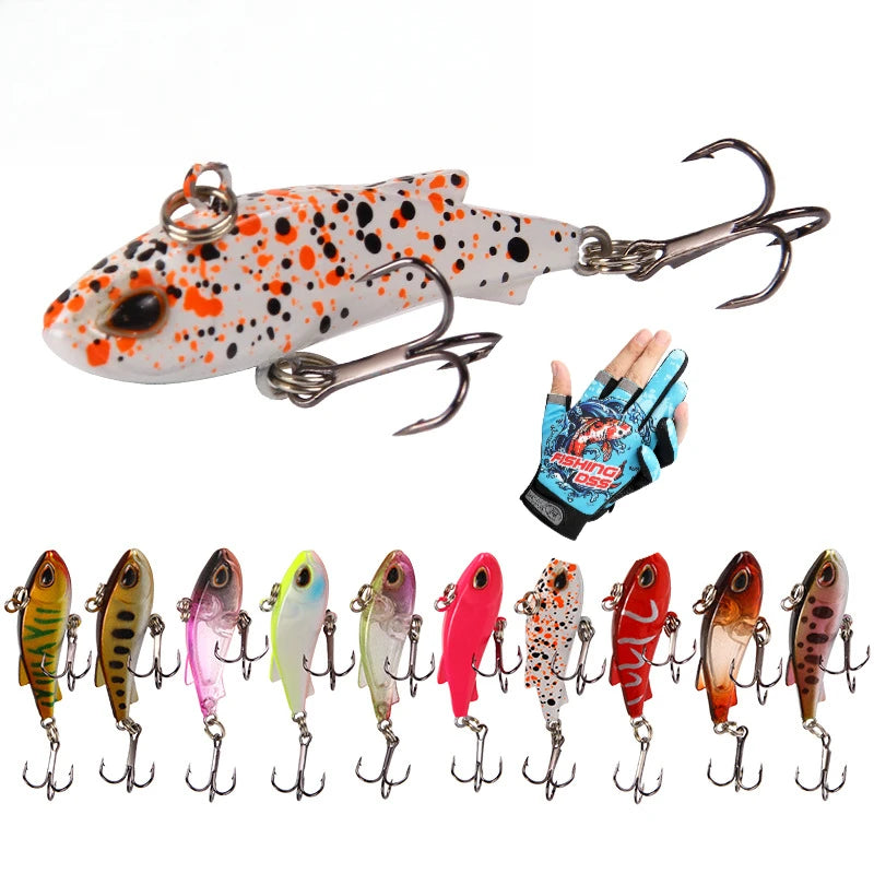 Set Of 10 Mixed-Color VIB Lures + 1 Pair Of Non-Slip Fishing Gloves. Sinking Minnow-Shaped Artificial Lures With Double Hooks, Complete Fishing Tackle Suitable For Freshwater And Saltwater