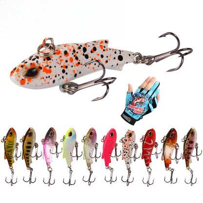 Set Of 10 Mixed-Color VIB Lures + 1 Pair Of Non-Slip Fishing Gloves. Sinking Minnow-Shaped Artificial Lures With Double Hooks, Complete Fishing Tackle Suitable For Freshwater And Saltwater