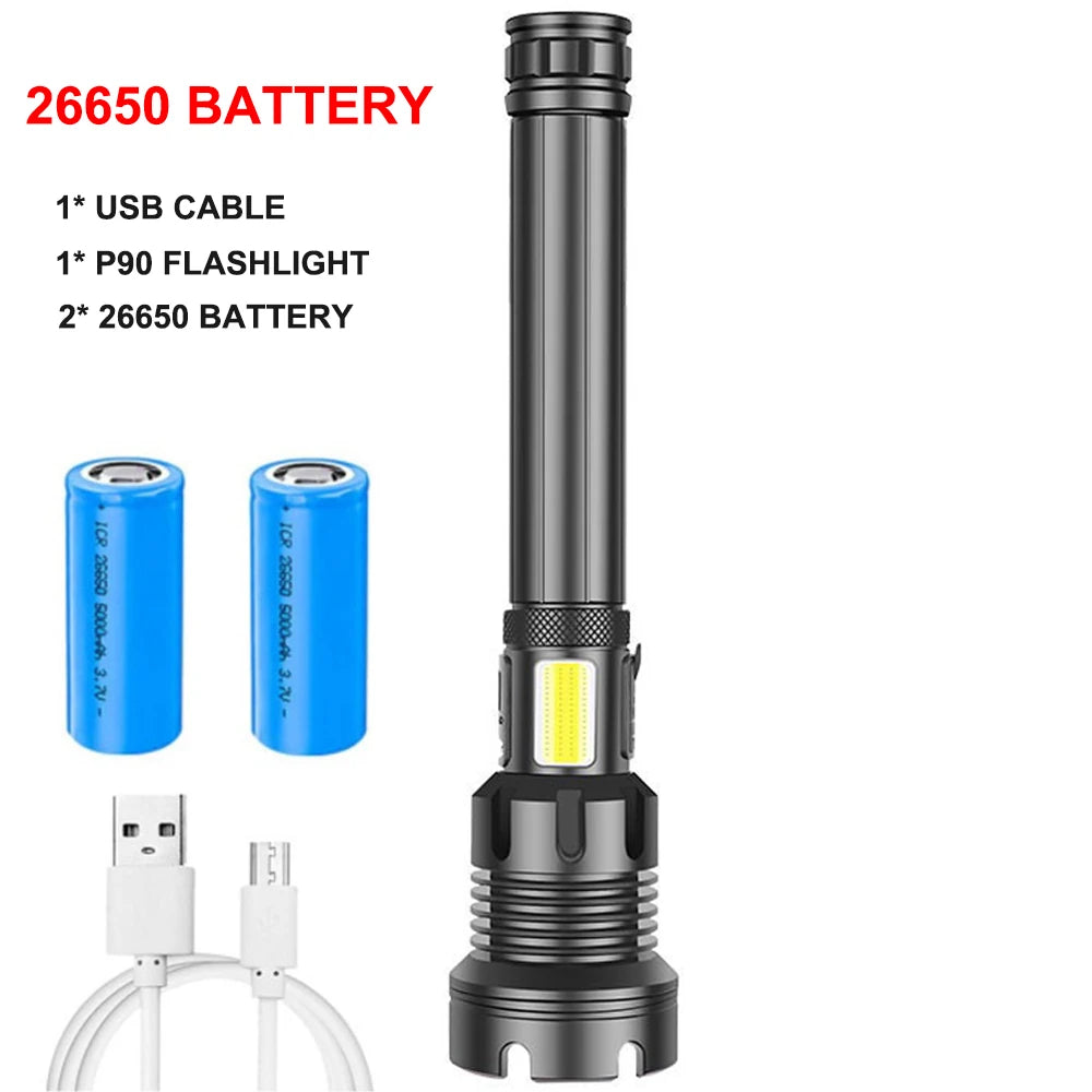 90000 Lumens LED Tactical Flashlight Rechargeable XHP90 USB Zoomable 7Modes Super Bright Floodlight Spotlight Torch Light