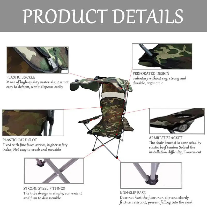 Folding Chair With Sun Shield Camping Lounge Chair Portable Fishing Stool Lightweight & Sturdy Foldable Seat Sun Protection For